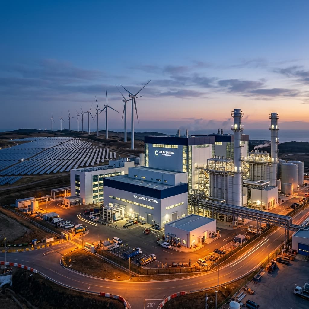 Saaphzone clean technology facility with solar panels and wind turbines